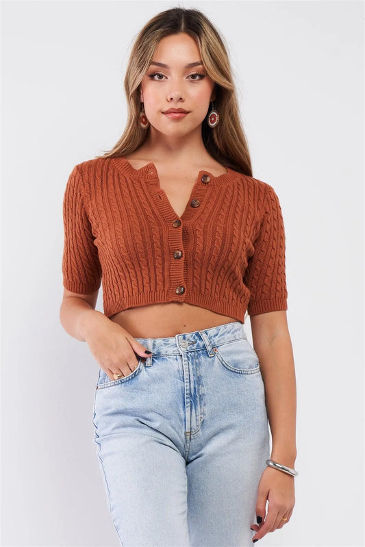 Chocolate Cable Knit Button Down Round Neck Crop Top /3-2-1 - Tasha Apparel Wholesale