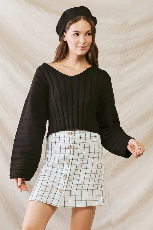 Black Knit Ribbed Viscose Blend Long Sleeve Crop Sweater /1-2-2-1 - Tasha Apparel Wholesale