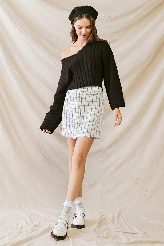 Black Knit Ribbed Viscose Blend Long Sleeve Crop Sweater /1-3-2-1 - Tasha Apparel Wholesale