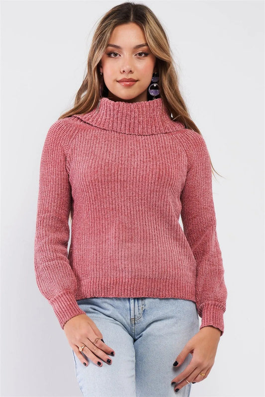 Mauve Ribbed Cowl Neckline Long Sleeve Cable Knit Sweater /3-2-1 - Tasha Apparel Wholesale