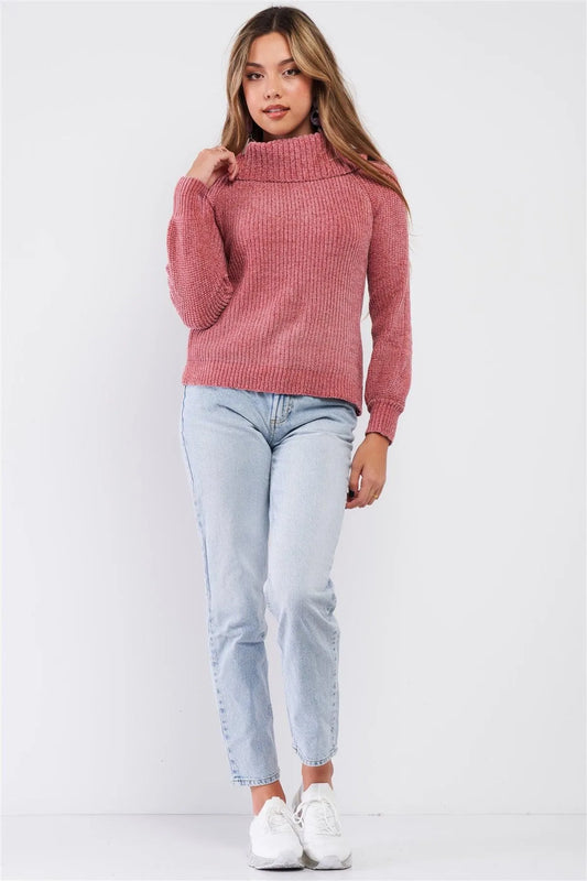 Mauve Ribbed Cowl Neckline Long Sleeve Cable Knit Sweater /4-2 - Tasha Apparel Wholesale