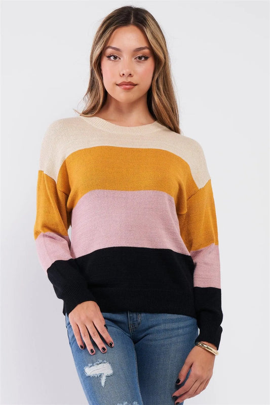 Multi Color Long Sleeve Round Neck Regular Fit Sweater /3-2-1 - Tasha Apparel Wholesale