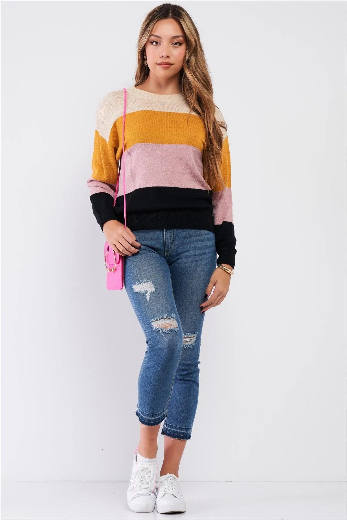 Multi Color Long Sleeve Round Neck Regular Fit Sweater /3-2-1 - Tasha Apparel Wholesale