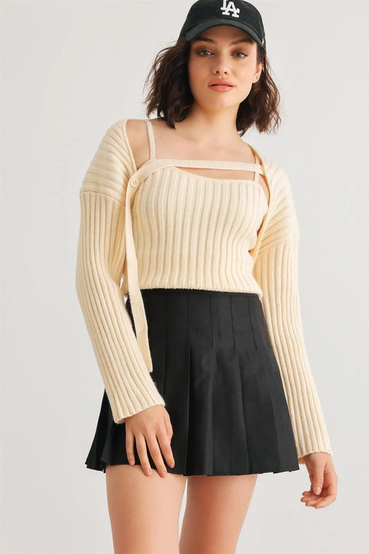 Ivory Ribbed Sleeveless Top & Long Sleeve Button Stripe Cover-Up Set /1-2-2-1 - Tasha Apparel Wholesale