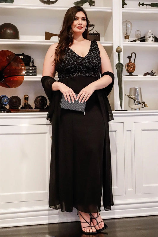 Junior Plus Black Lurex Animal Print Shawl Detail Maxi Dress /1-2-2 - Tasha Apparel Wholesale