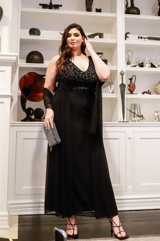 Junior Plus Black Lurex Animal Print Shawl Detail Maxi Dress /2-2 - Tasha Apparel Wholesale