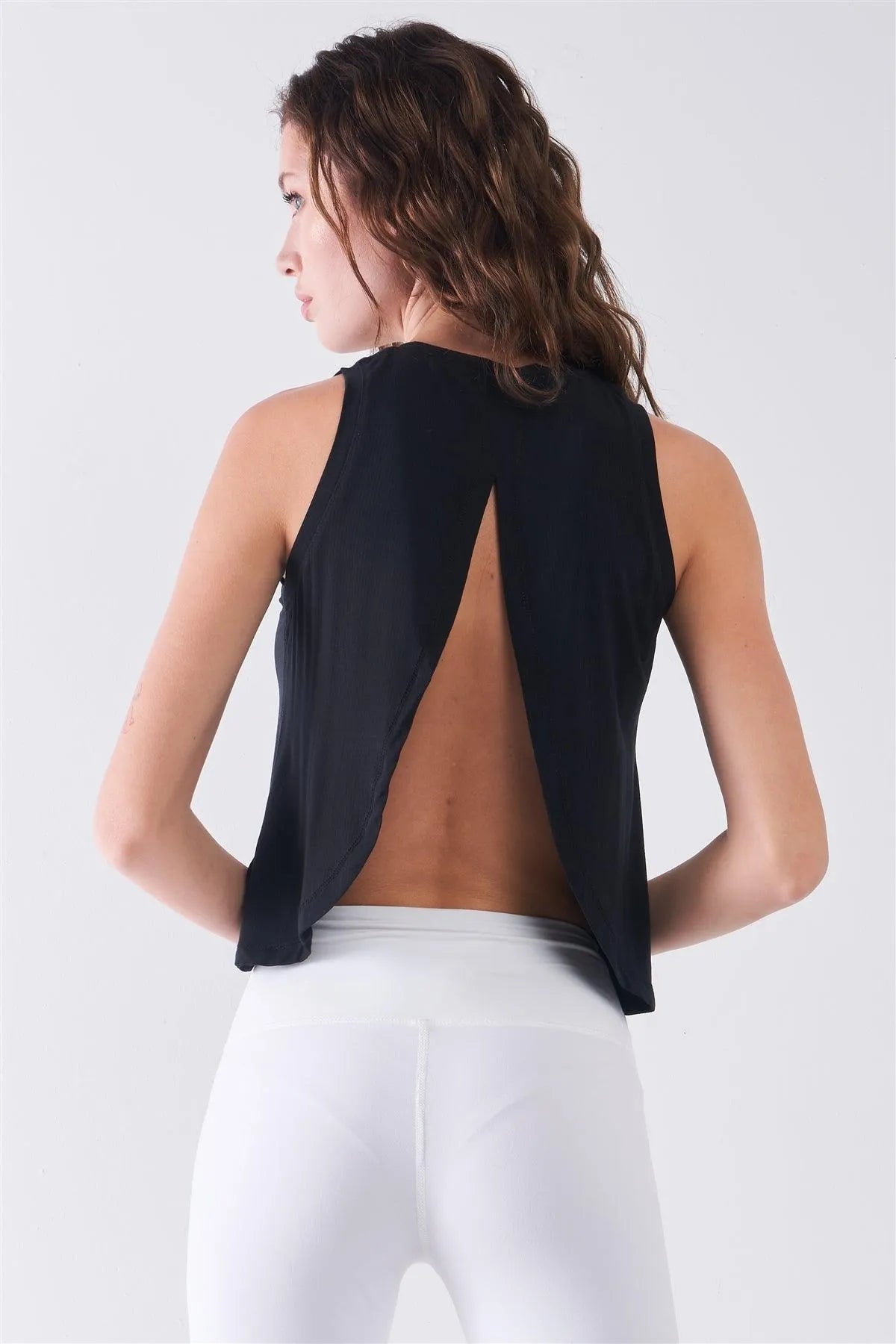 Black Sleeveless Crew Neck Ribbed Split Back Top /1-2-2-1 - Tasha Apparel Wholesale