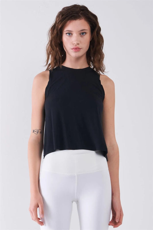 Black Sleeveless Crew Neck Ribbed Split Back Top - Tasha Apparel Wholesale