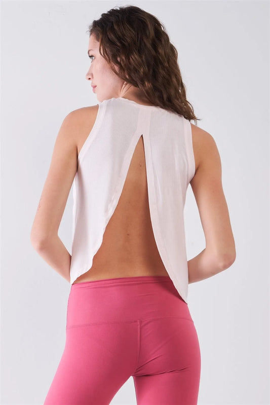 Rose-Water Sleeveless Crew Neck Ribbed Split Back Top /1-1-2 - Tasha Apparel Wholesale