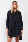 Solid Black Cotton Long Sleeve Front Button Down Back Slit Dress-Shirt Top /1-2-2