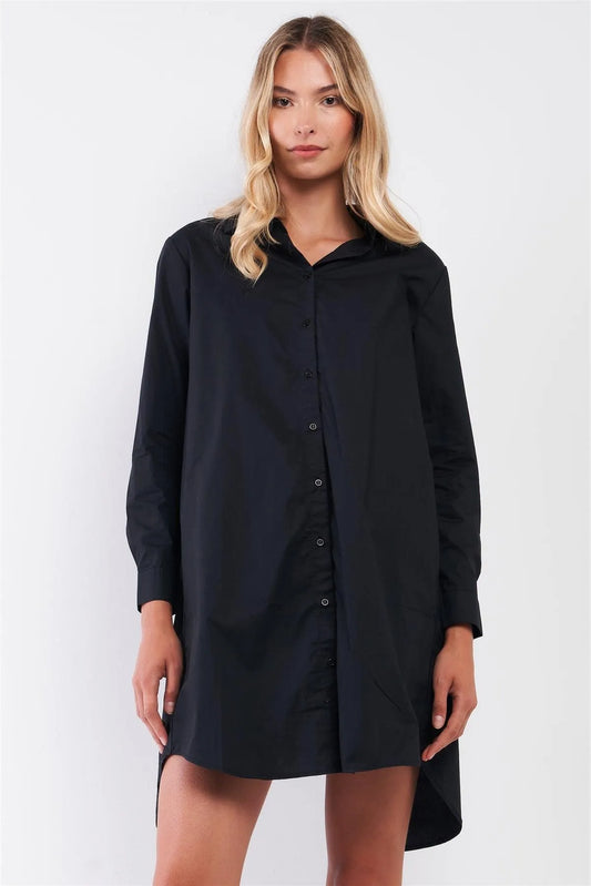 Solid Black Cotton Long Sleeve Front Button Down Back Slit Dress-Shirt Top /1-2-2 - Tasha Apparel Wholesale