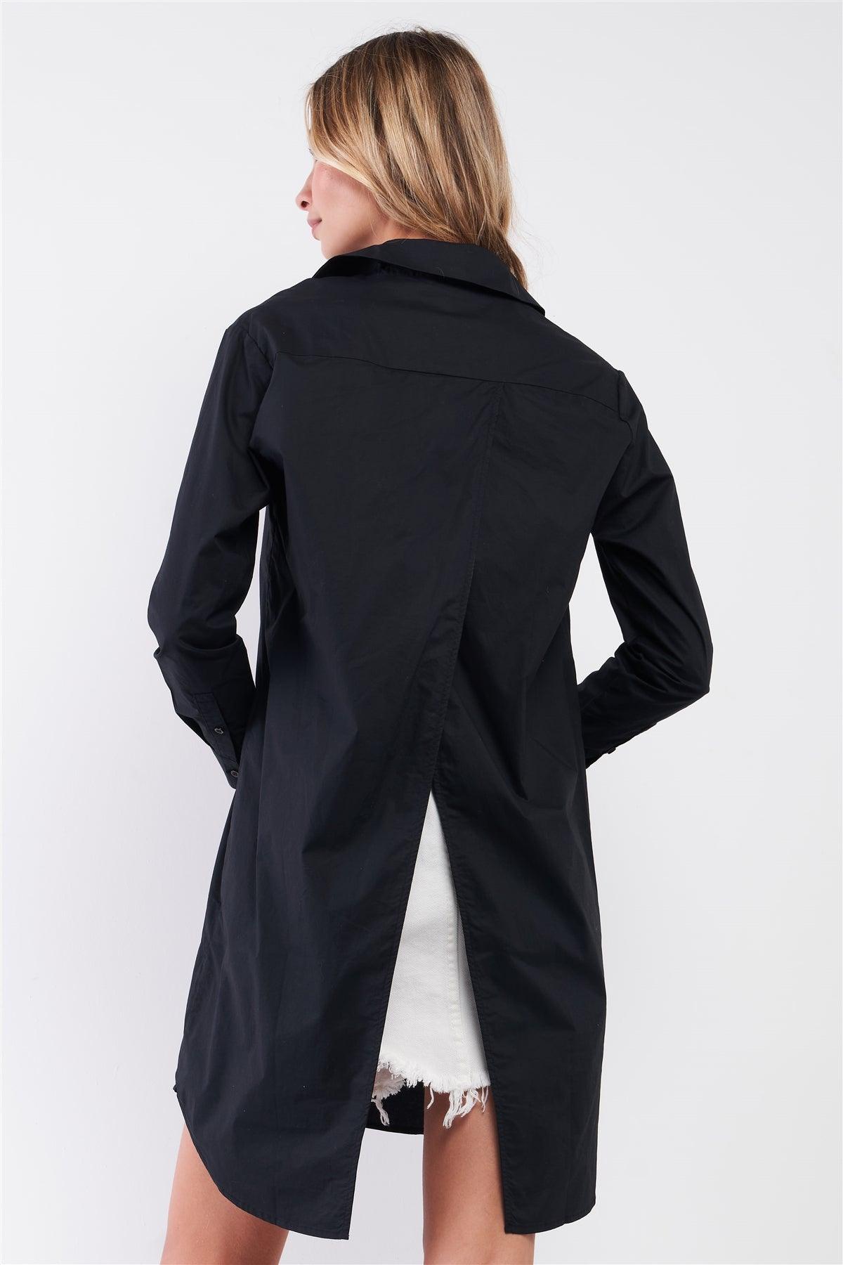 Solid Black Cotton Long Sleeve Front Button Down Back Slit Dress-Shirt Top /1-2-2