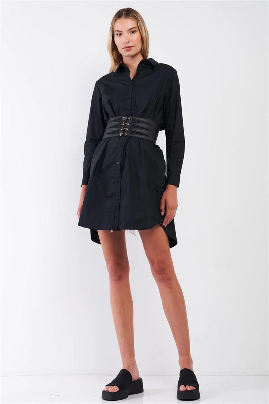 Solid Black Cotton Long Sleeve Front Button Down Back Slit Dress-Shirt Top /1-2-2-1 - Tasha Apparel Wholesale