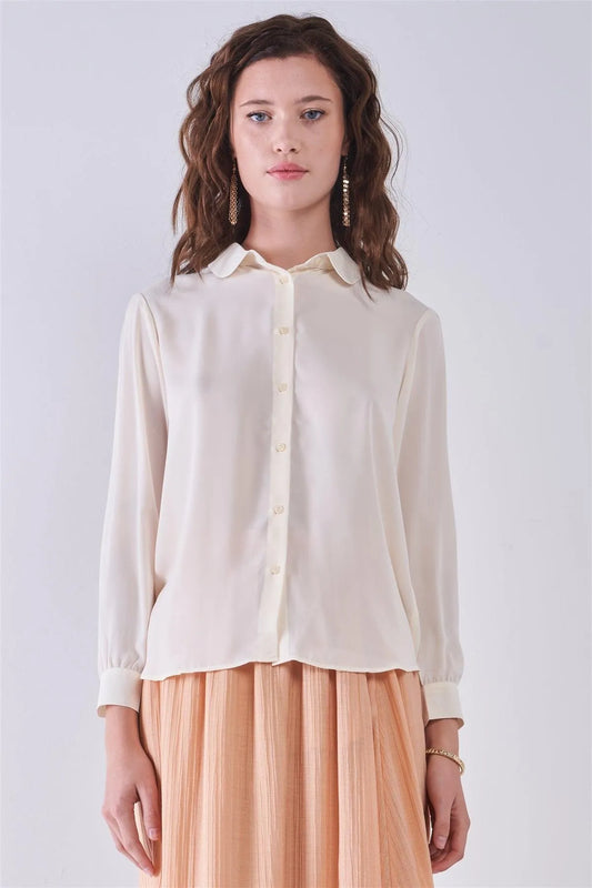Shell Beige Long Sleeve Collared Neck Button-Down Front Blouse - Tasha Apparel Wholesale