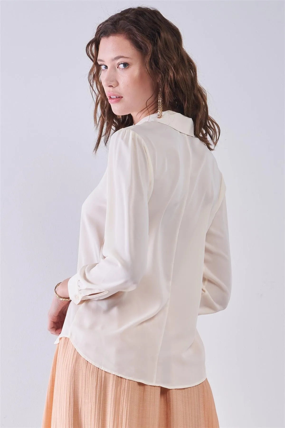 Wholesale Shell Beige Long Sleeve Collared Neck Button-Down Front Blouse