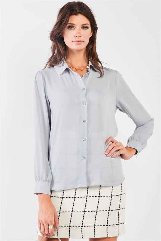 Tide Blue Long Sleeve Collared Neck Button-Down Front Blouse /1-2-2-1 - Tasha Apparel Wholesale