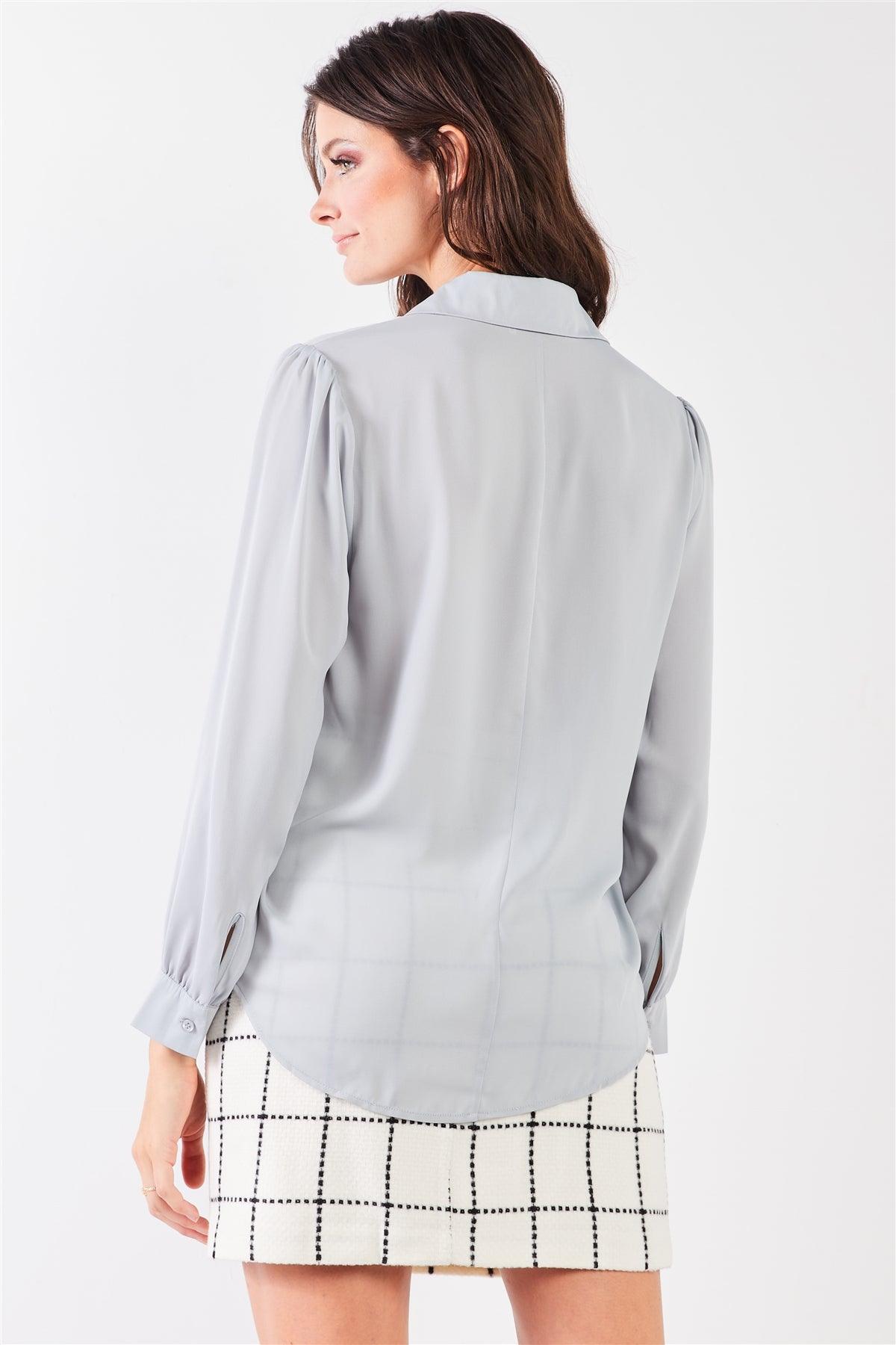 Tide Blue Long Sleeve Collared Neck Button-Down Front Blouse