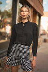 Black Long Bishop Sleeve Mock Neck Button-Down Front Relaxed Blouse Top /1-2-2-1