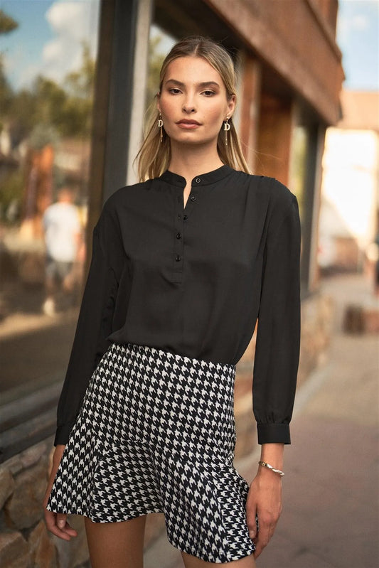 Black Long Bishop Sleeve Mock Neck Button-Down Front Relaxed Blouse Top - Tasha Apparel Wholesale