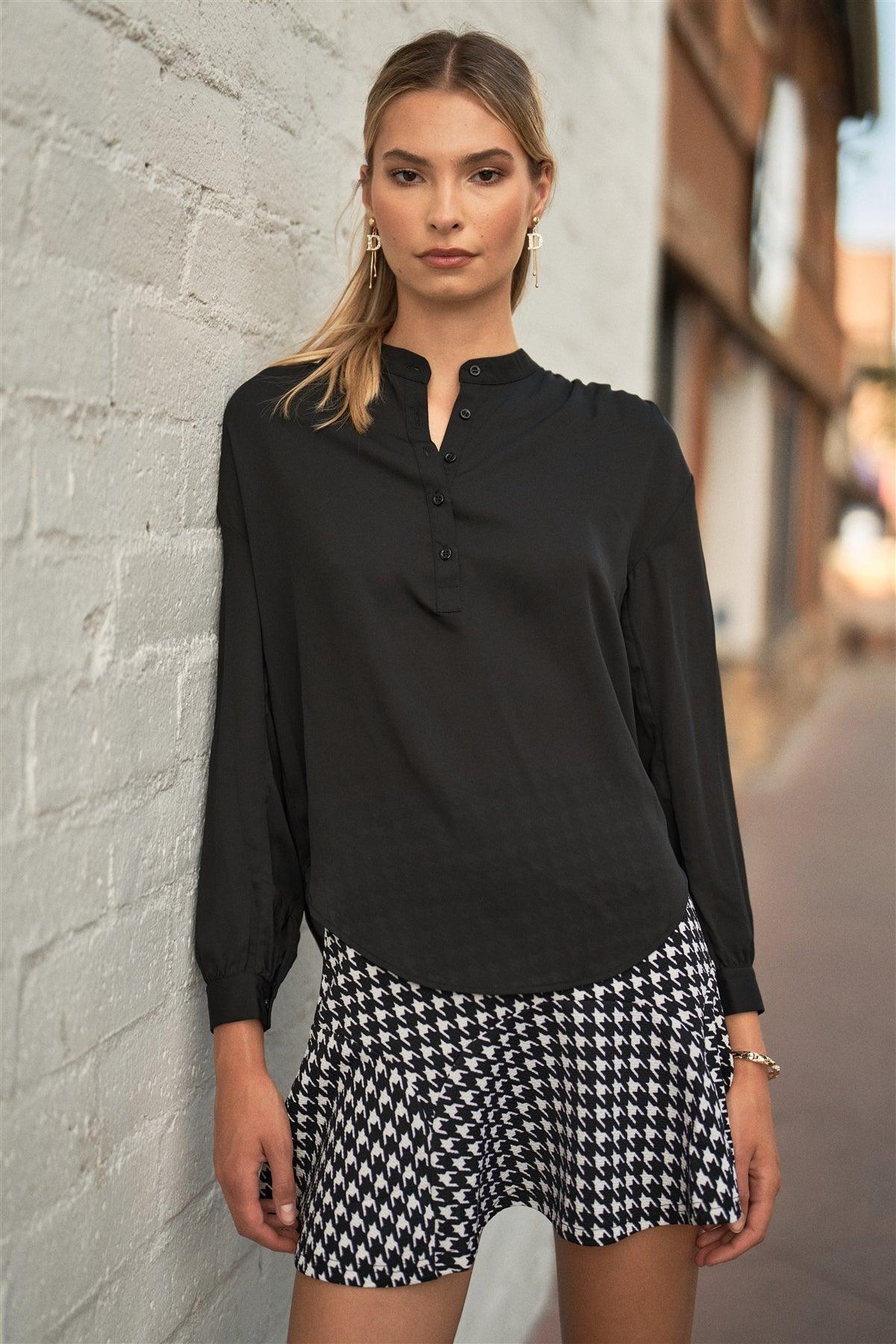 Black Long Bishop Sleeve Mock Neck Button-Down Front Relaxed Blouse Top