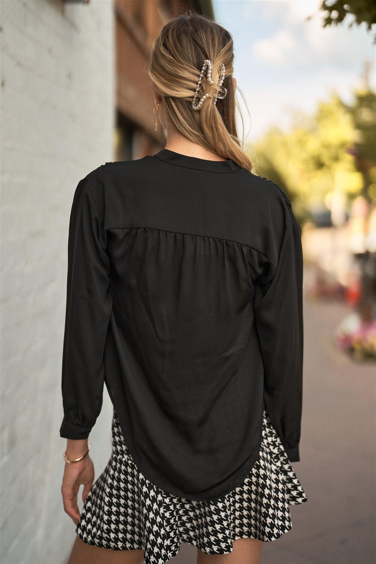 Black Long Bishop Sleeve Mock Neck Button-Down Front Relaxed Blouse Top