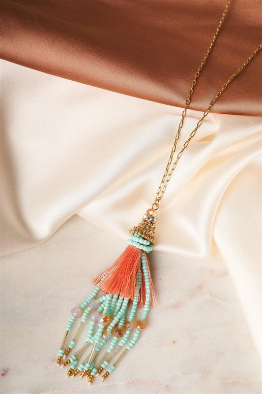 Celeste Peach Mixed Beads Tassel Pendant Necklace /1 Piece - Tasha Apparel Wholesale