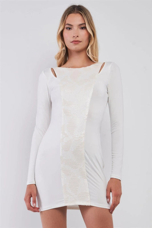 White Sequined Center Front Detail Long Sleeve Mini Dress /2-2-2 - Tasha Apparel Wholesale