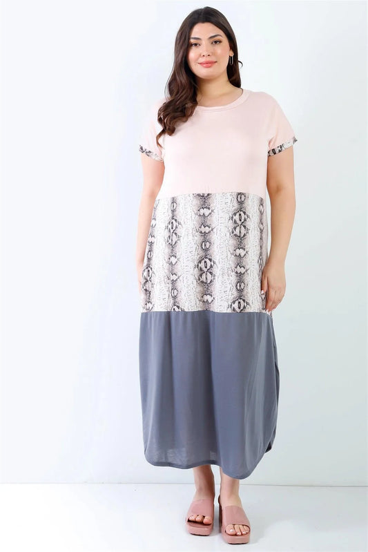 Junior Plus Pink & Charcoal Snake Print Colorblock Maxi Dress /2-2-2 - Tasha Apparel Wholesale