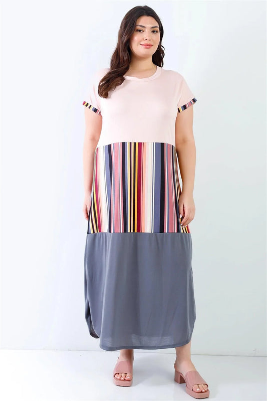 Junior Plus Pink Multi Color Stripe Print Colorblock Maxi Dress /2-2-2 - Tasha Apparel Wholesale