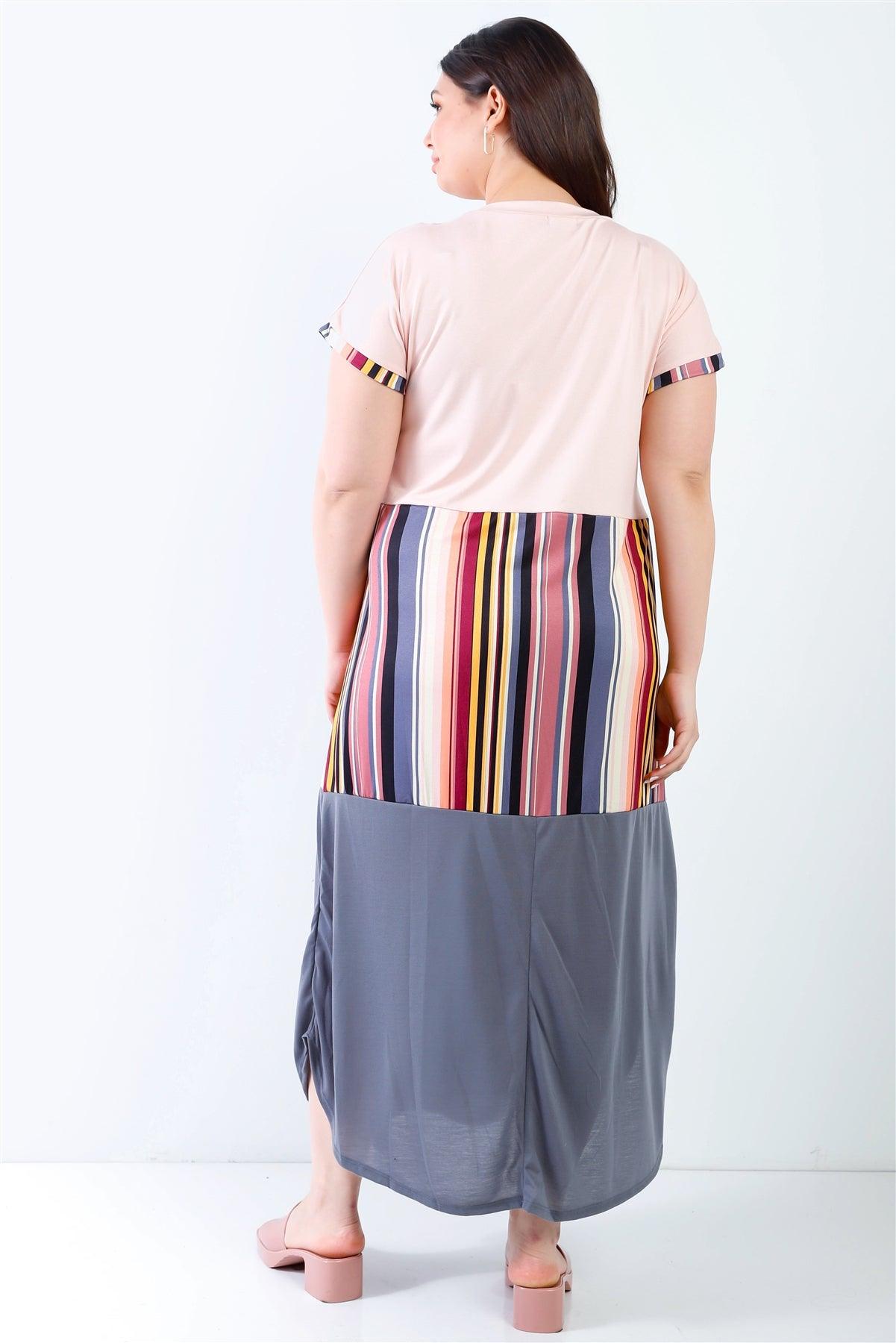 Junior Plus Pink Multi Color Stripe Print Colorblock Maxi Dress /2-2-2