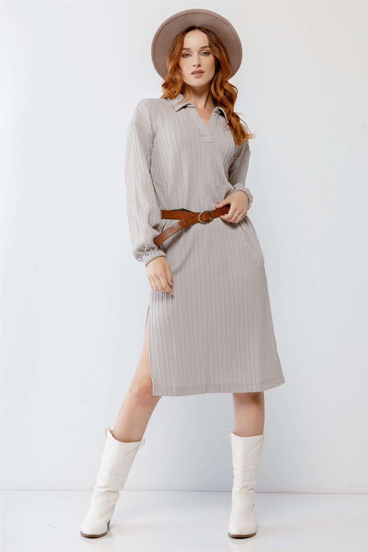 Grey Cable Knit Collared V-Neck Relax Fit Midi Dress /2-2-2