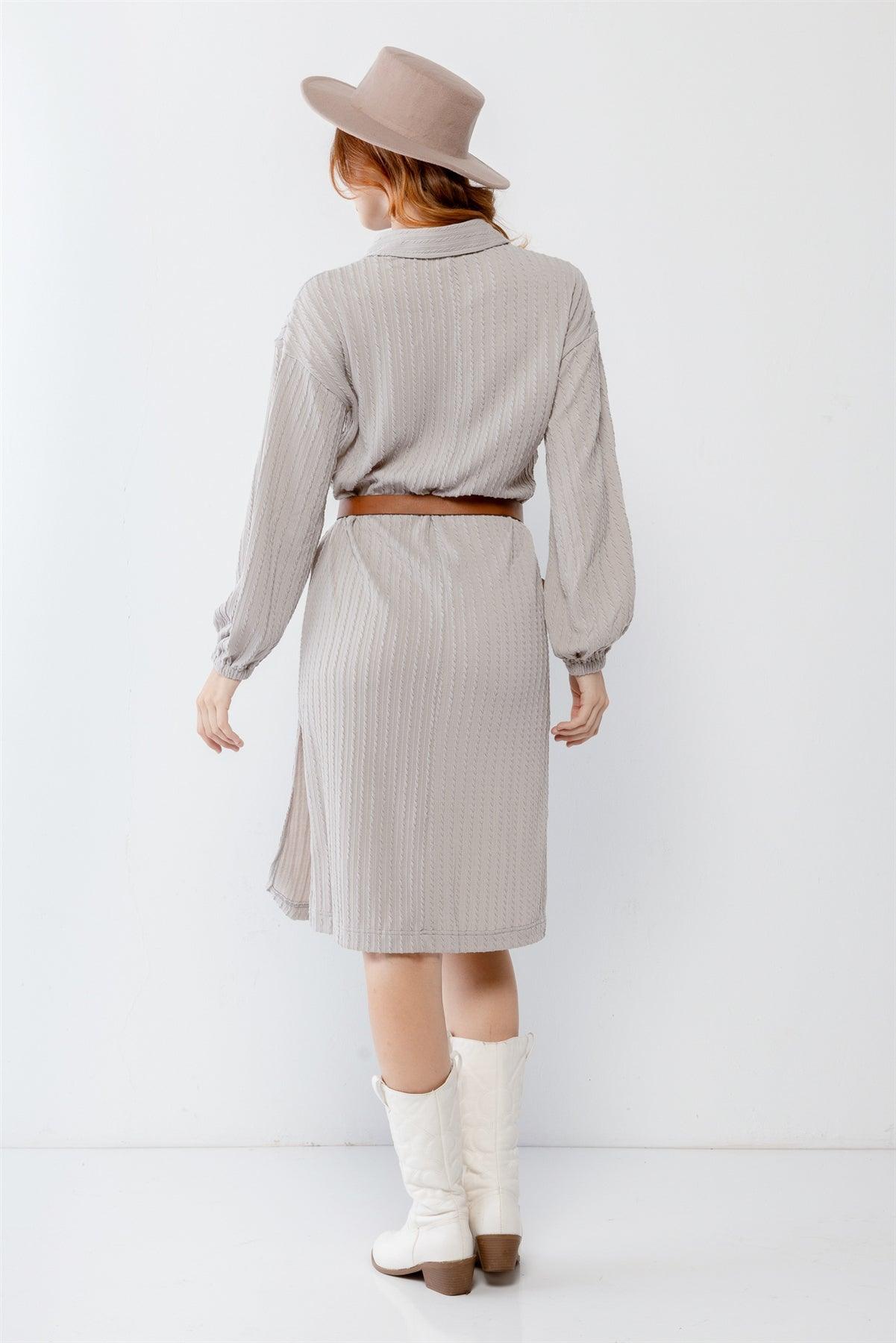 Grey Cable Knit Collared V-Neck Relax Fit Midi Dress /2-2-2