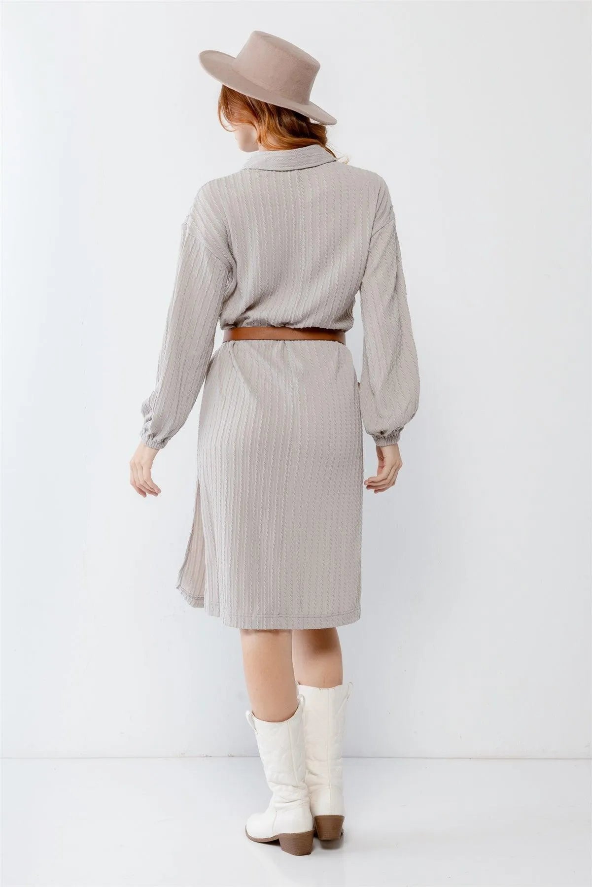 Cable Knit Collared V-Neck Relax Fit Midi Dress - Tasha Apparel Wholesale