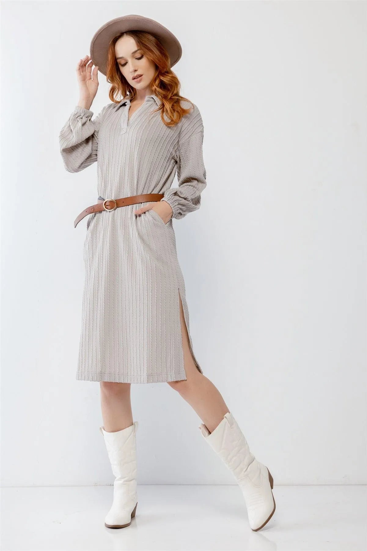 Cable Knit Collared V-Neck Relax Fit Midi Dress - Tasha Apparel Wholesale