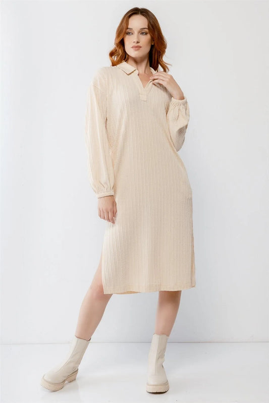 Oatmeal Cable Knit Collared V-Neck Relax Fit Midi Dress /2-2-2 - Tasha Apparel Wholesale