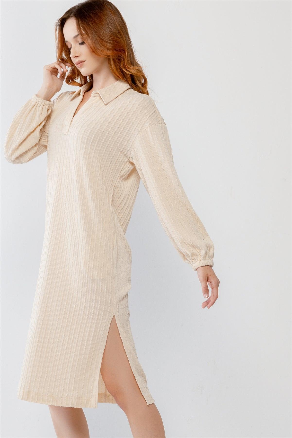 Oatmeal Cable Knit Collared V-Neck Relax Fit Midi Dress /2-2-2