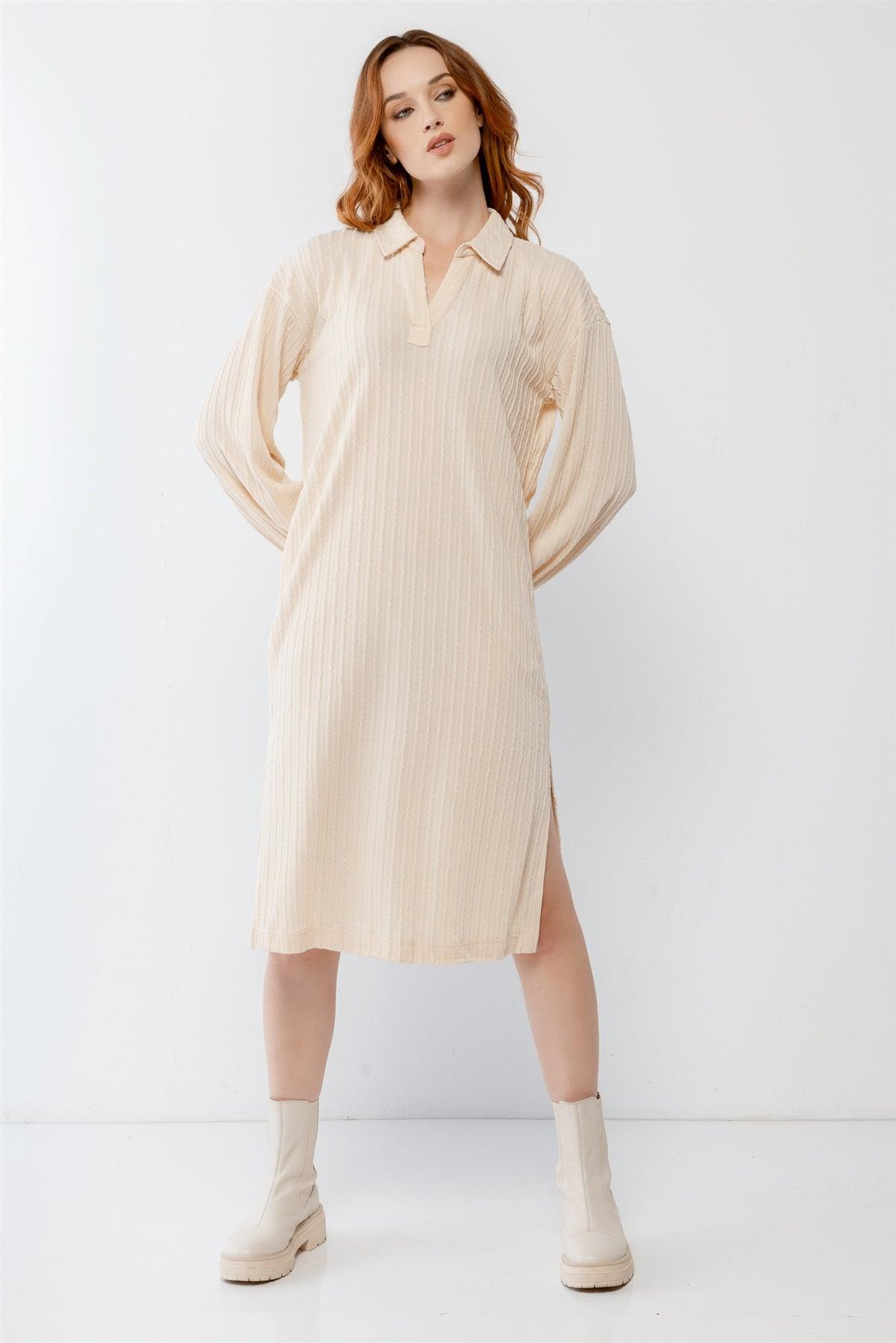 Oatmeal Cable Knit Collared V-Neck Relax Fit Midi Dress /2-2-2