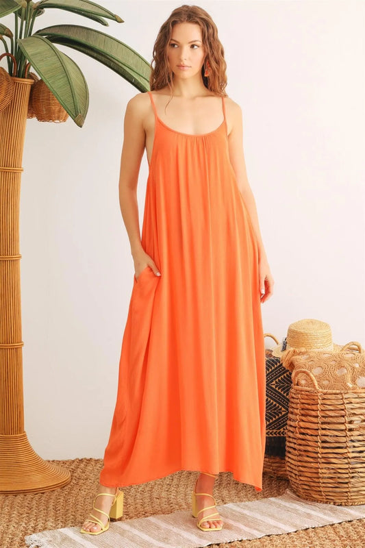 Strappy Two Pocket Tulum Draped Maxi Dress - Tasha Apparel Wholesale