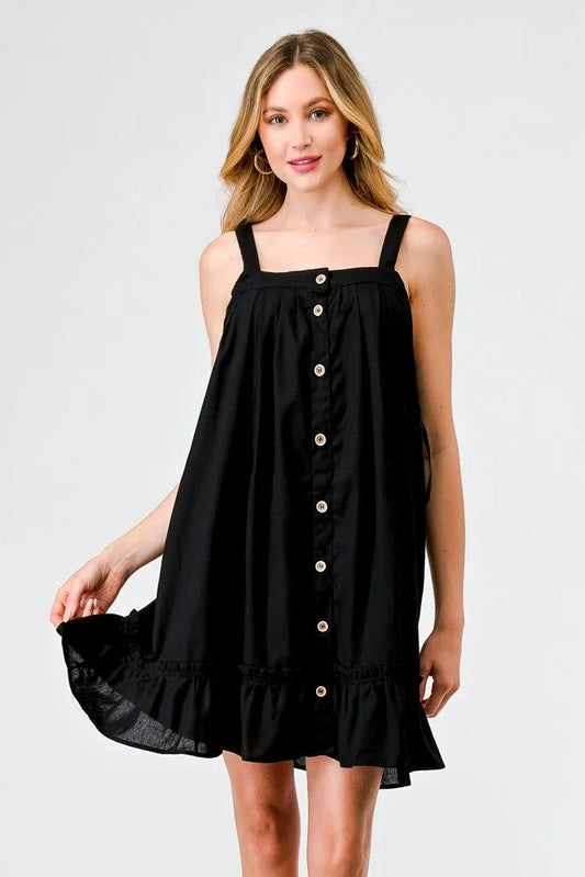 Black Cotton Button-Up Sleeveless Flare Hem Mini Dress /2-2-2 - Tasha Apparel Wholesale