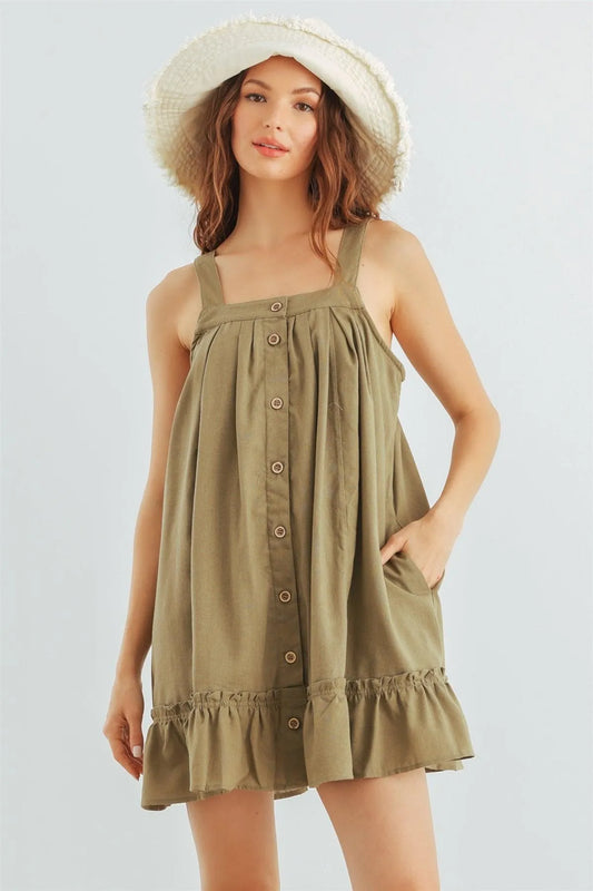 Olive Cotton Button-Up Sleeveless Flare Hem Mini Dress /2-2-2 - Tasha Apparel Wholesale