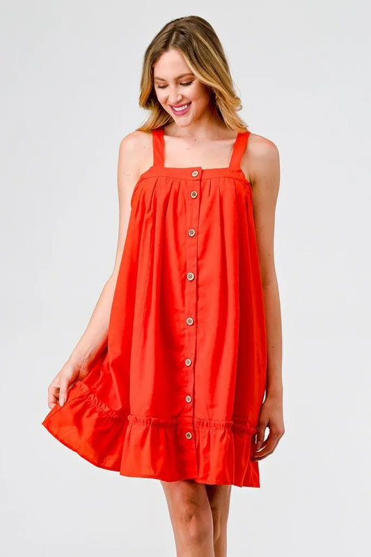 Tomato Cotton Button-Up Sleeveless Flare Hem Mini Dress /2-2-2 - Tasha Apparel Wholesale