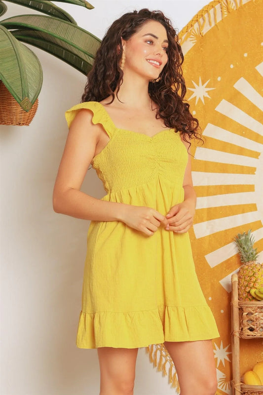 Yellow Cotton Ruched Smocked Ruffle Strap Mini Dress /2-2-2 - Tasha Apparel Wholesale