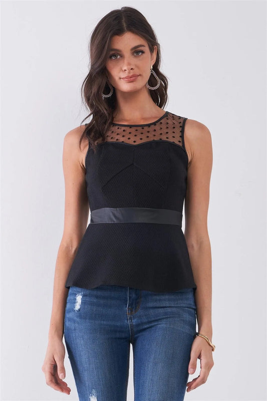 Black Sleeveless Combined Polka Dot Mesh Pleather Waist Detail Sweetheart Neck Fit & Flare Top /1-2-2-1 - Tasha Apparel Wholesale