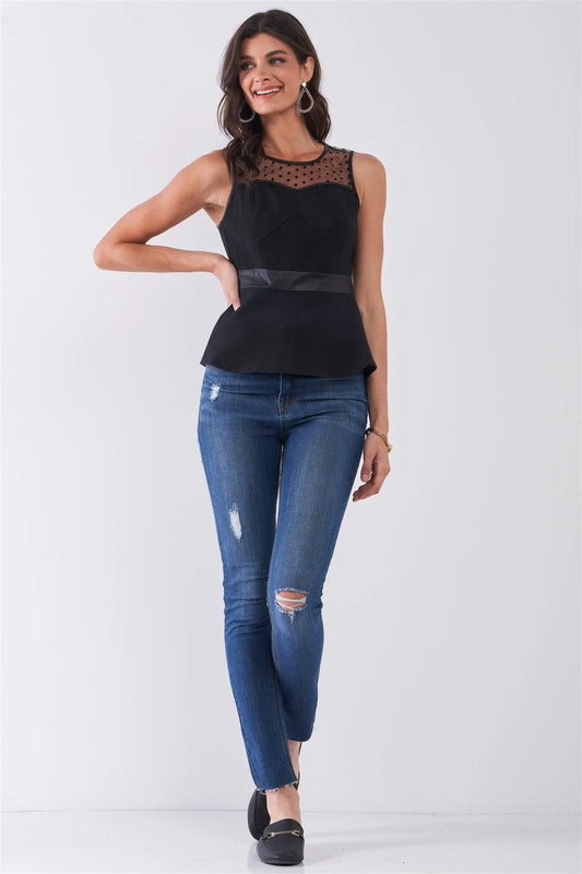 Black Sleeveless Combined Polka Dot Mesh Pleather Waist Detail Sweetheart Neck Fit & Flare Top /1-1-2-2 - Tasha Apparel Wholesale
