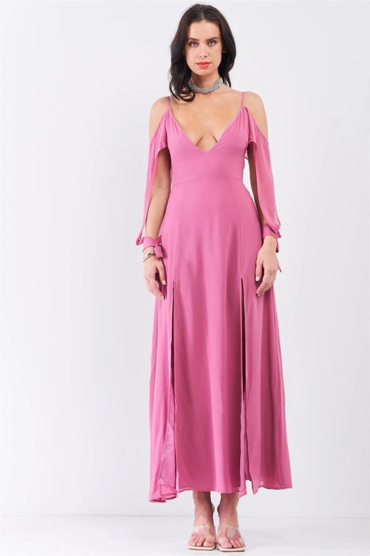 Thulian Pink Off-The-Shoulder Cut-Out Long Sleeve Deep Plunge V-Neck Slit Detail Maxi Dress /1-3-2-1 - Tasha Apparel Wholesale