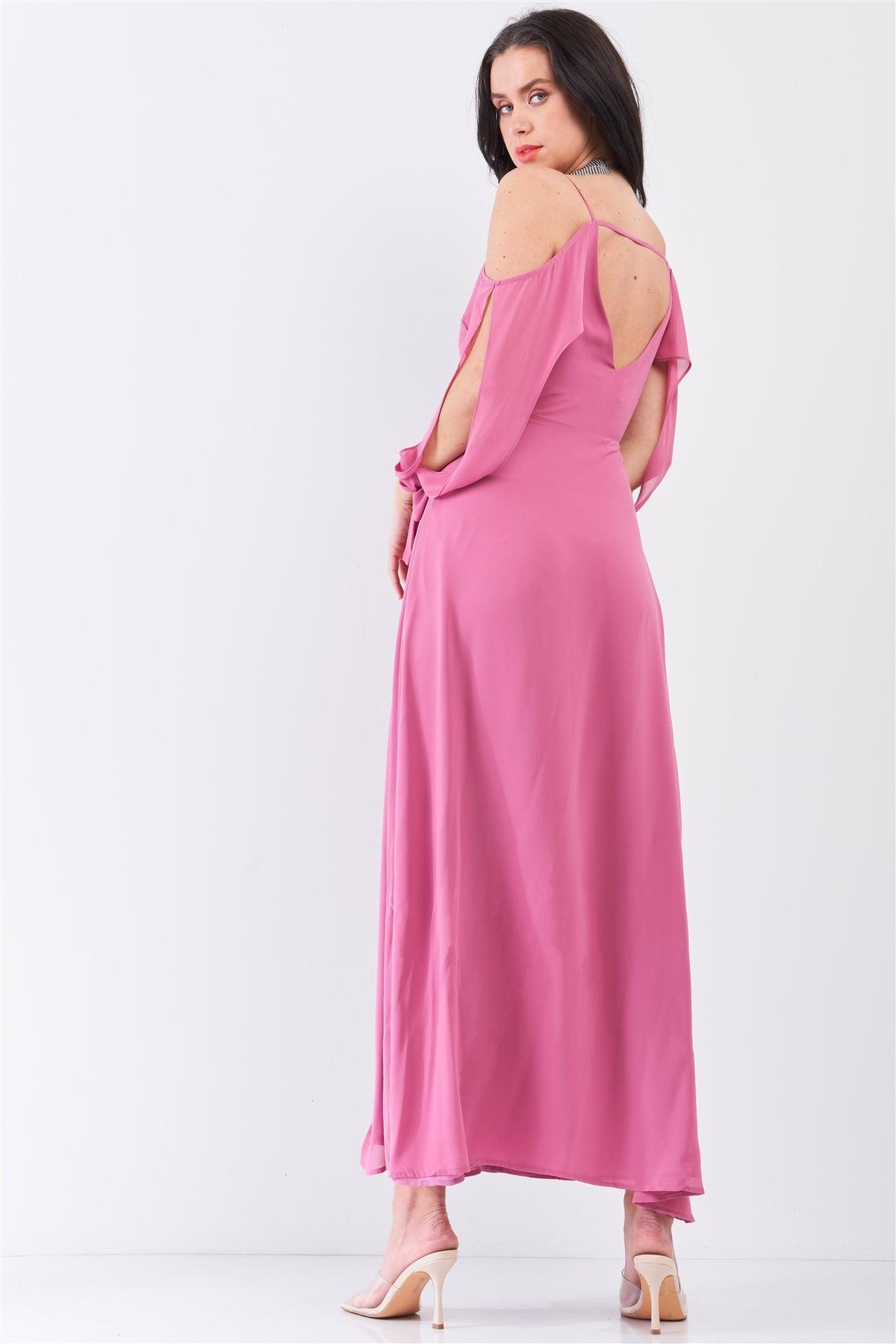 Thulian Pink Off-The-Shoulder Cut-Out Long Sleeve Deep Plunge V-Neck Slit Detail Maxi Dress