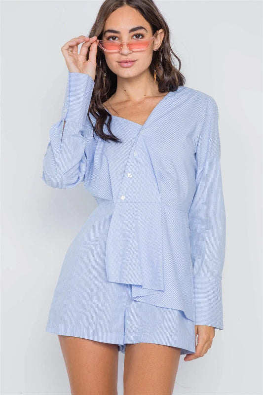 Blue White Stripe Asymmetrical Neck Romper /2-2-2 - Tasha Apparel Wholesale