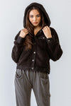 Black Button-Up Two Pocket Long Sleeve Hooded Teddy Jacket /2-2-2