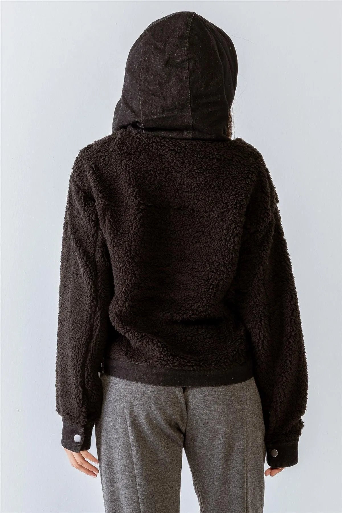 Black Button-Up Long Sleeve Hooded Teddy Jacket /2-2-2 - Tasha Apparel Wholesale