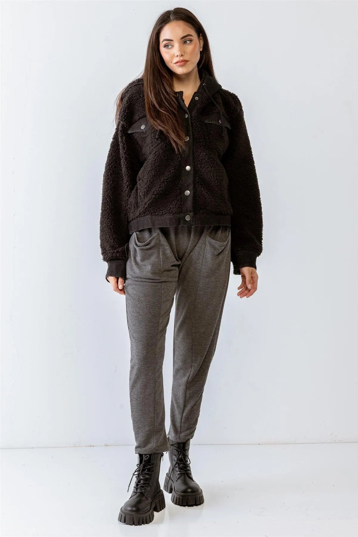 Black Button-Up Long Sleeve Hooded Teddy Jacket /2-2-2 - Tasha Apparel Wholesale